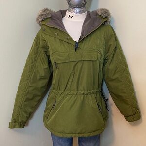 L.L. Bean Olive Green Hooded Quilted Anorak Coat with Faux Fur Trim